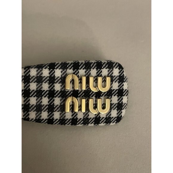 Miu Miu Black & White Plaid Hair Clip With Gold-Tone Logo Embellishment